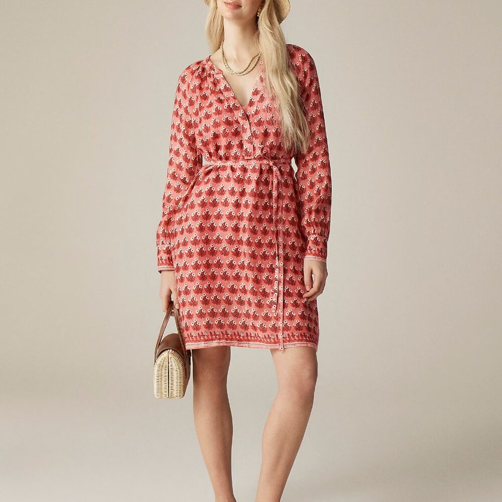 J. Crew Red Printed Long-Sleeve Mini Dress